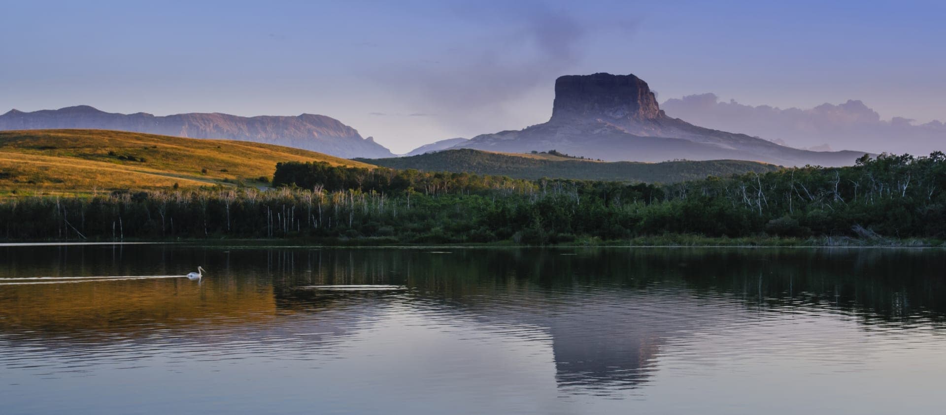 Chief Mountain reflected in a still lake at dawn, near Waterton in southern Alberta